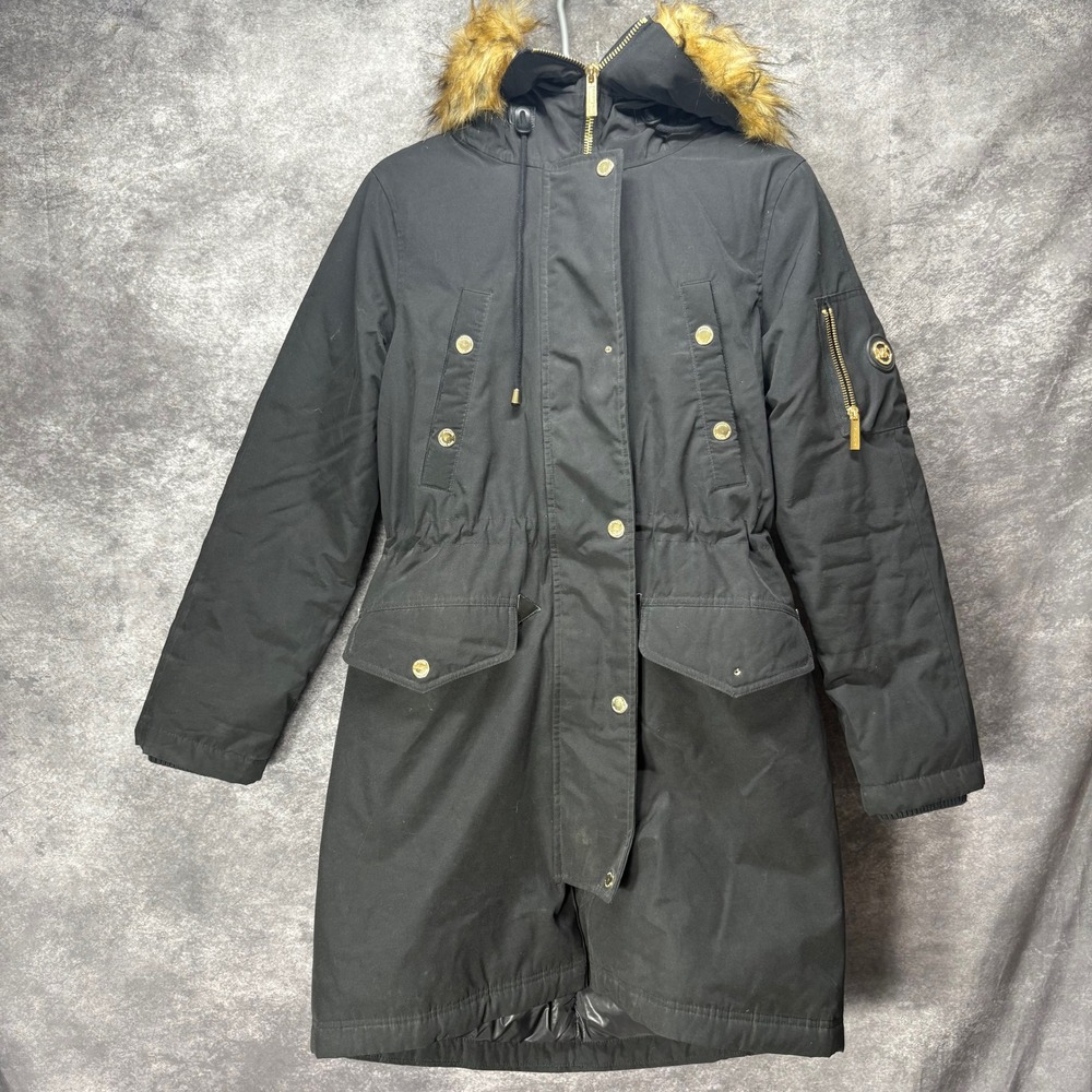 Michael Kors Down Filled Parka Coat Jacket Women's Size S Black Faux Fur Hooded